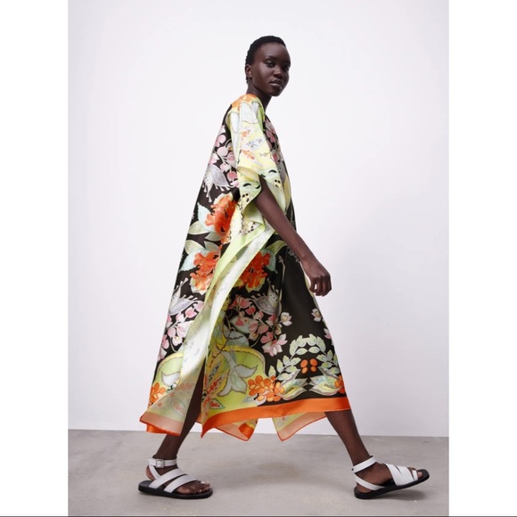 Zara RARE Multicolored Floral Printed Asian Satin Kimono Kaftan Scarf Midi Dress - Picture 3 of 15